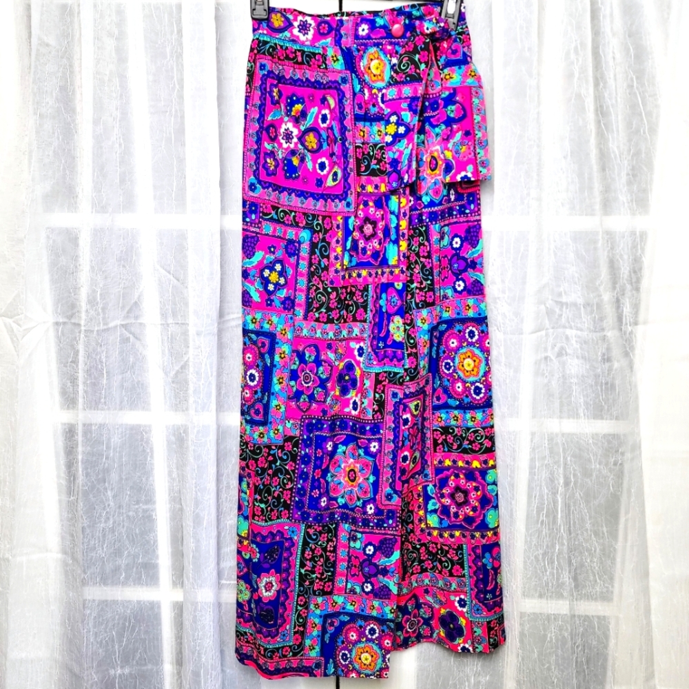 Beverly Vogue California Vintage 70s Maxi Wrap Skirt Wrap Sz S USA Retro Hippie